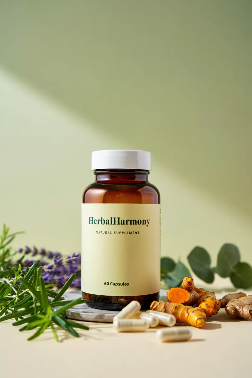 HerbalHarmony natural supplement bottle with herbal ingredients